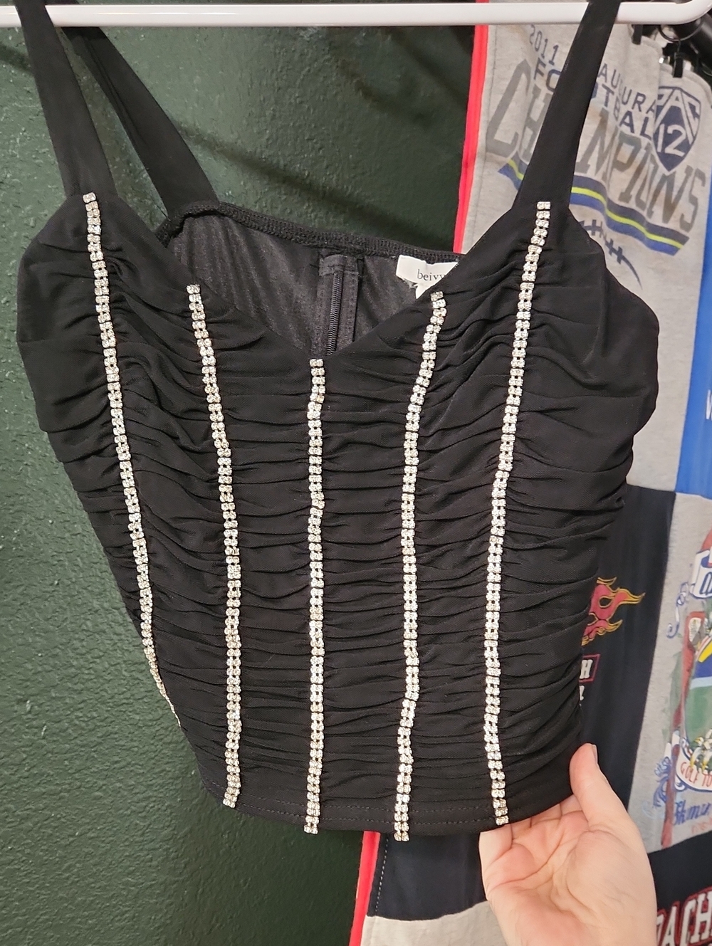 Beivert Black Embellished Ruched Corset Style Crop Top